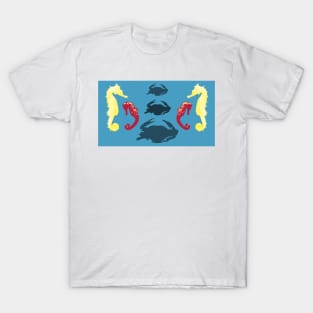 Seahorses and Crabs design on blue background T-Shirt